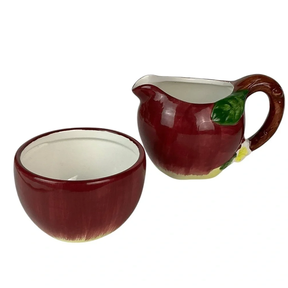 Vintage Hand Painted Apple Distinctive Design MR Ceramic Creamer Sugar Bowl Set